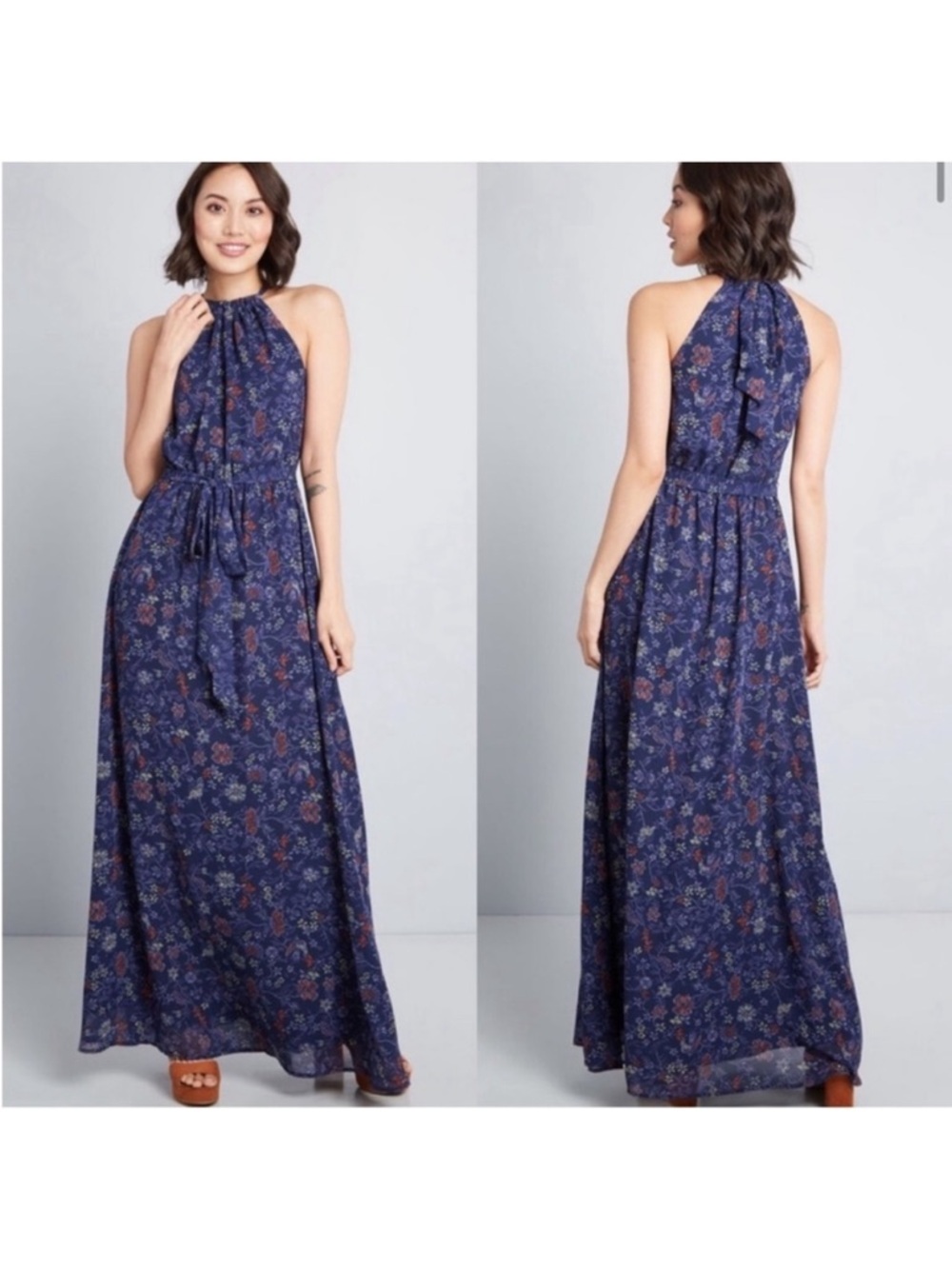 ModCloth Navy Floral Halter Maxi Dress Size Medium
